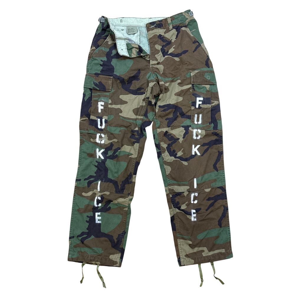 Custom F*** ICE Military BDU Small short 31x29 cargo double knee forest camo - Picture 1 of 5